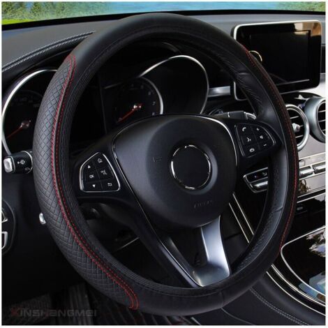 Funda para volante de coche - Negra y roja - Protector de volante - Diámetro 38 cm (15") - Piel (1/4)