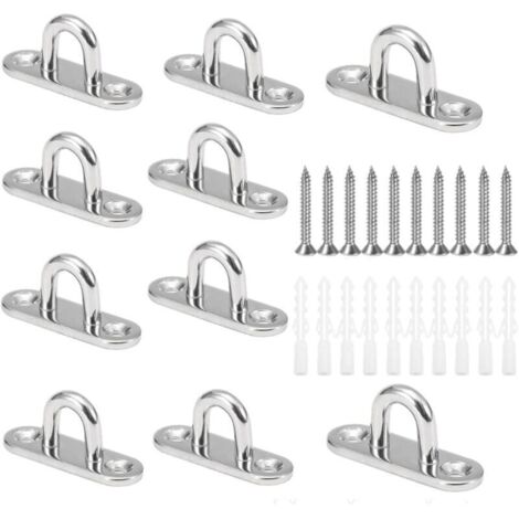 10 ganchos de techo en forma de U M5, acero inoxidable 304, base de 15 x 45 mm, placas de montaje en pared para asegurar cables en barcos, equipos de yoga o lámparas de araña colgantes. (1/4)