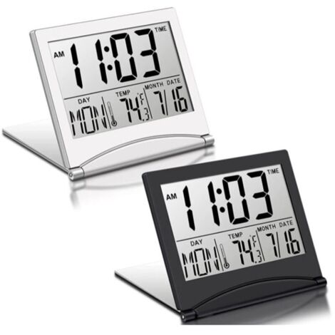 Reloj despertador digital LCD plegable para viajes con calendario, termómetro, función de repetición, portátil, de escritorio, 2 piezas (1/4)