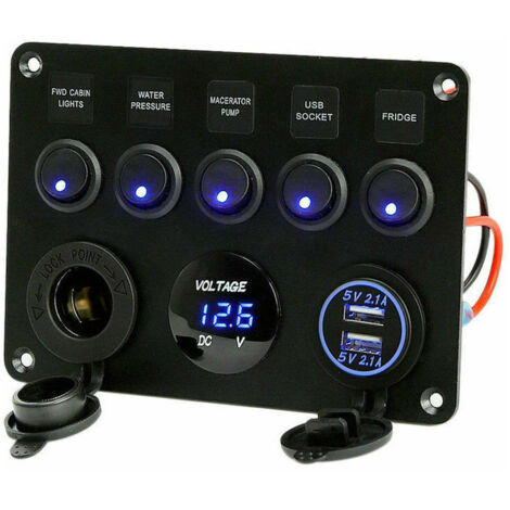 Panel de interruptores de palanca de 5 vías, cargador con toma USB doble de 12 V, voltímetro LED para coche, barco, caravana, camión, autocaravana (azul) - Ikodm (1/4)