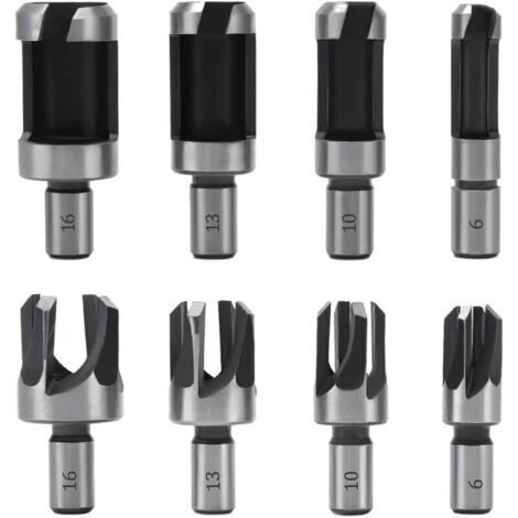 Juego de 8 brocas para tapones de madera, 6 mm/10 mm/13 mm/16 mm, brocas de acero al carbono para carpintería, brocas cónicas y de garra. (1/4)