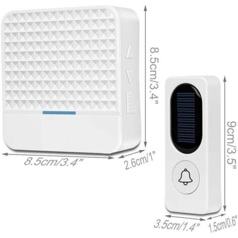 Timbre inalámbrico, timbre electrónico inalámbrico con energía solar, blanco, 8,5 x 8,5 x 2,6 cm, 9 x 3,5 x 1,5 cm (1/3)