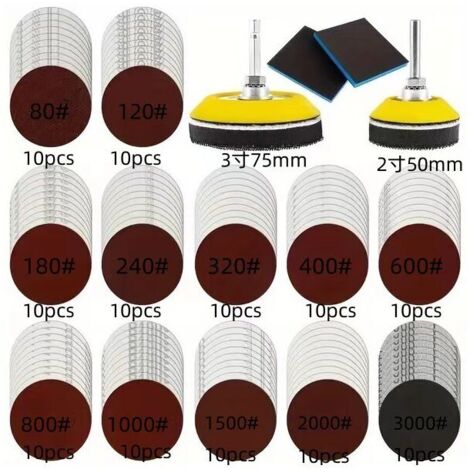 120 discos de lijado, almohadillas de 50 mm y 75 mm con respaldo de papel de lija, granos 80, 120, 180, 240, 320, 480, 600, 800, 1000, 1200, 1500 y 3000 para automóviles, metal y madera. (1/4)