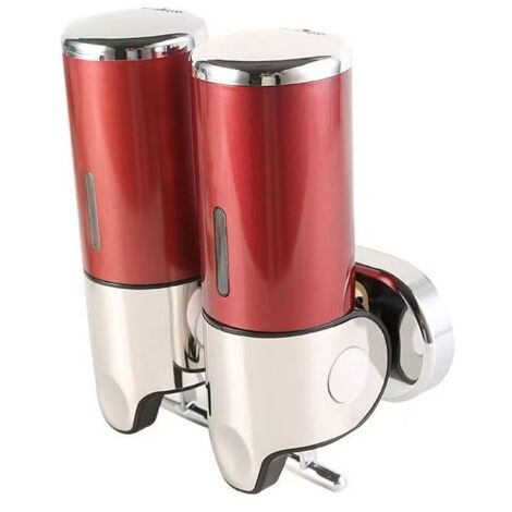 (Rojo) Dispensador de jabón de pared de 500 ml x 2, dispensador de jabón de manos de doble cabezal, dispensador de líquido para gel de ducha y champú, para cocina, baño, hotel (1/4)