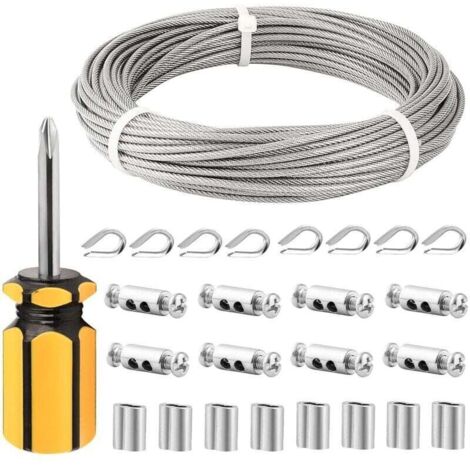 Cable de acero inoxidable de 3 mm, cuerda de acero inoxidable de 30 m/3 mm, cable de acero revestido con abrazaderas, manguitos M3, terminales de acero inoxidable, cable de acero de 3 mm para tendeder (1/4)