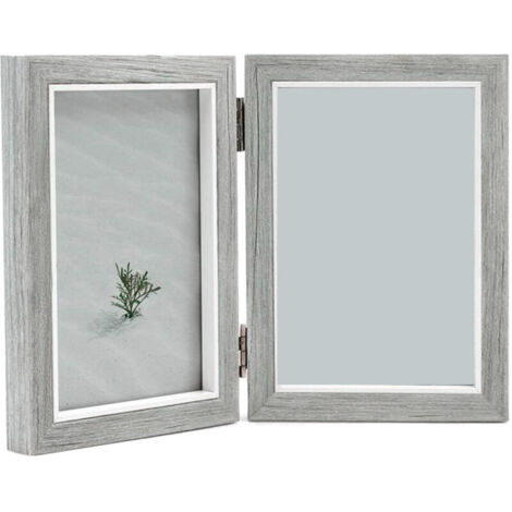 Marco de fotos doble de madera rústica gris de 4x6 pulgadas con tapa abatible - Regalo de boda, Día de la Madre, Día del Padre (1/4)
