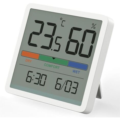 Termómetro higrómetro digital, termómetro digital de escritorio con monitor de temperatura y humedad, medidor de humedad preciso, termómetro de ambiente con reloj, para oficina, hogar y dormitorio. (1/4)