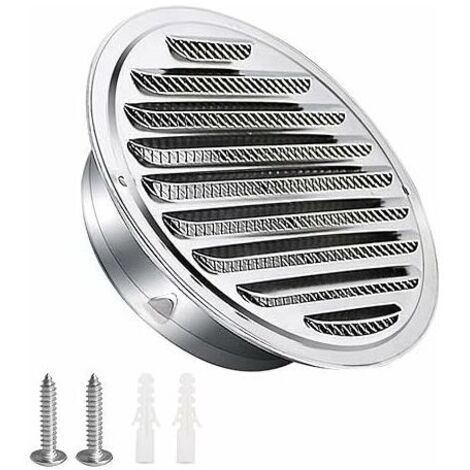 Rejilla de ventilación mecánica de acero inoxidable de 125 mm con tornillos y tacos. Resistente a la intemperie. Lamas con mosquitera y asa. Rejilla de salida de aire redonda. Tornillos y tacos. (1/4)