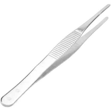 Pinzas de acero inoxidable de 14 cm con punta redonda y acabado plateado. (1/4)