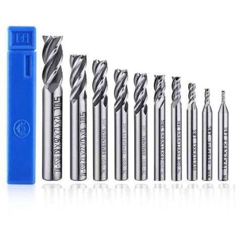 Juego de 10 brocas de cuatro filos - Fresa de extremo de 2 a 12 mm - Juego de brocas HSS CNC de vástago recto para taladrar - Juego de herramientas para madera, aluminio, acero y titanio (1/4)
