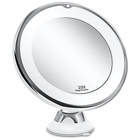 Espejo con aumento de 10x - Iluminación LED con ventosa potente - Funciona con pilas - Espejo de maquillaje con luz natural regulable para baños - Blanco