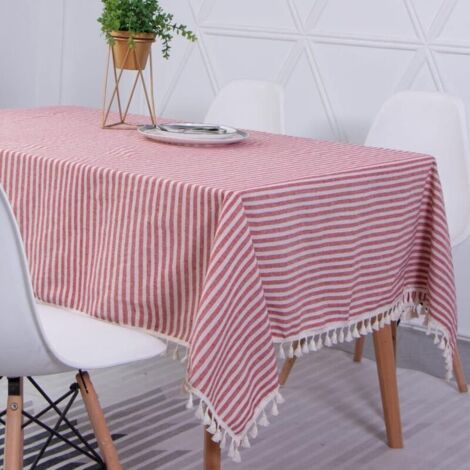 Mantel rectangular de algodón y lino con rayas rojas, mantel con pompones, lavable, resistente al aceite y a las manchas, mantel de fácil cuidado de 120x160cm. (1/4)