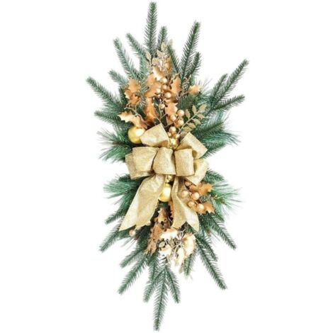 Corona navideña artificial en forma de lágrima, 55 cm, cinta estampada grande, adornos navideños, rosa, nieve, ramas escarchadas, corona decorativa para escaleras de interior B (1/4)