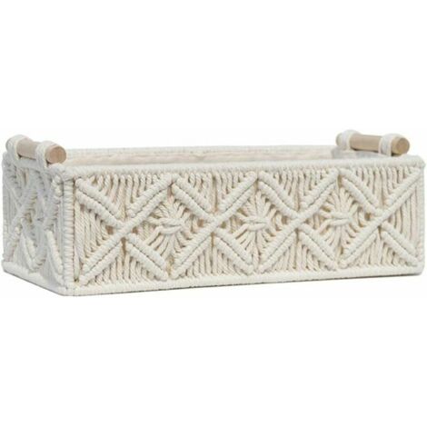 Cesta de almacenamiento de macramé - Caja decorativa tejida a mano - Para encimera de baño - Estante de almacenamiento para dormitorio, sala de estar, hogar - Cesta blanca (1/4)