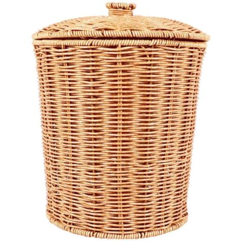 Cesta de almacenamiento de mimbre natural con tapa, papelera decorativa redonda