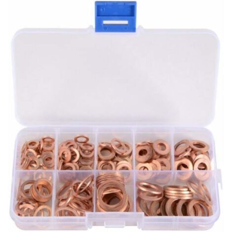 Surtido de 200 arandelas planas de cobre. Kit de arandelas planas de cobre ideales para tapones de drenaje, conexiones de agua, combustible e hidráulicas.