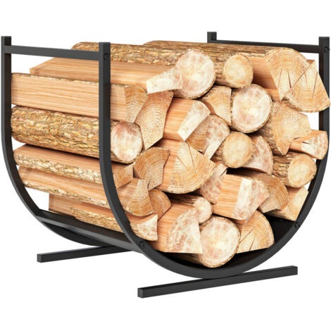 Soporte para leña robusto y curvado para uso interior y exterior, estructura metálica, 43 x 33 x 38 cm, negro. (1/4)