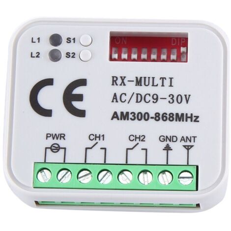 Receptor RX multifrecuencia universal 300-868 MHz, 2 canales, 12 V/24 V, módulo de relé para control remoto de puerta de garaje.