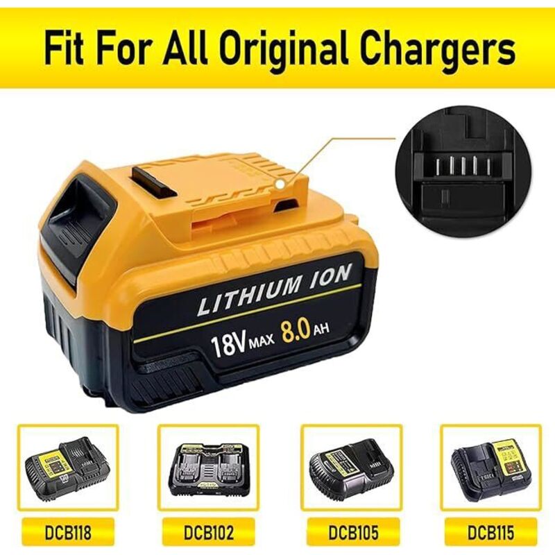 2x Batterie 18V 5000mAh De Remplacement Pour DeWalt - Compatible DCB184, DCB180, DCB200, Etc. - Avec Indicateur LED - Jaune