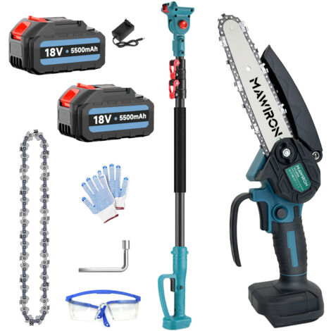 2 in 1 Cordless Telescopic Pole Chainsaw Long Extendable Brushless Chainsaw with 2 Chains 2x5.5A Battery Charger Compatible with Makita Battery