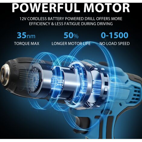 Cordless screwdrivers,12V Cordless Drill Electric Screwdriver Power Driver Combi Drills Kit,25+1, 35N.m Torque,2-Speed,Built in LED,2x 3.0Ah batteries + Charger +Case ，Compatible with Makita batteries