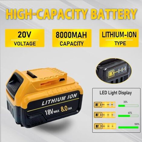 2x 8.0Ah Batteries,Powerful Replacement Battery  For Dewalt DCB184-XJ XR Lithium-Ion Battery DCB180 DCB181 DCB182，with LED indicator，Compatible With Dewalt Tool & Charger