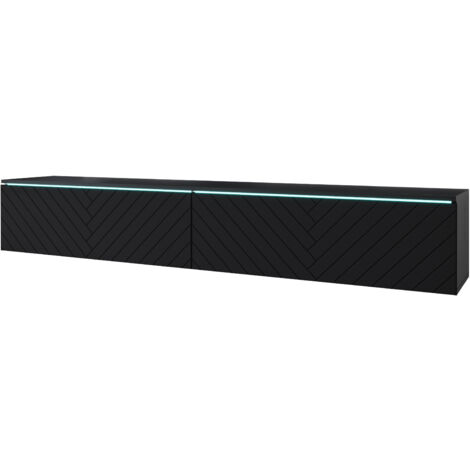Meuble TV Lowboard D 180 cm, meuble de télévision sans éclairage LED, meuble de télévision suspendu, coloris noir à chevrons