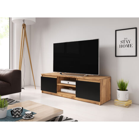 Bratex – Meuble TV 120 cm avec éclairage LED – Panneau stratifié 15mm – 2 placards et 2 étagères – Couleur wotan/noir mat