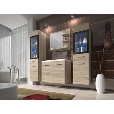 Bratex – Ensemble de meubles de salle de bain suspendus – Lavabo 47,2 x 60 cm – Éclairage LED – Panneaux stratifiés résistants aux rayures – Couleur San Remo