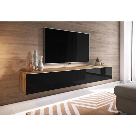 Meuble TV Lowboard 180 cm – Éclairage LED intégré – Panneau stratifié 15 mm – Bords A.B.S résistants à l'eau – Couleur wotan/noir brillant