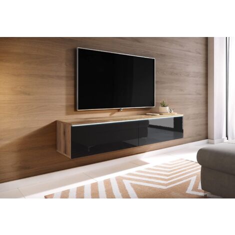 Meuble TV lowboard 140 cm – Éclairage LED intégré – Panneau stratifié résistant à l'eau – Couleur wotan/noir brillant (1/3)