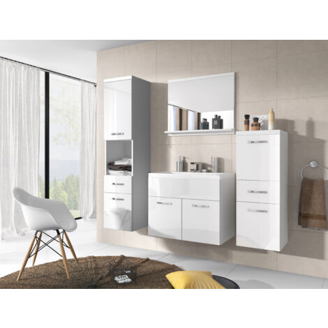 Bratex – Ensemble de meubles de salle de bain avec lavabo inclus – Plateau stratifié 28mm – Façades POLYGLOSS – Couleur blanc brillant