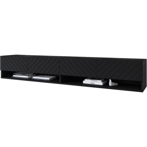 Meuble TV Lowboard A 180 cm, meuble TV sans éclairage LED, deux étagères, chevrons noirs (1/4)