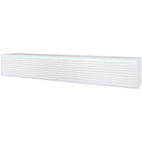 Meuble TV Lowboard 180 cm suspendu – Panneau stratifié 15 mm – Bords A.B.S résistants – Coloris blanc ondulé – Accès facile aux appareils