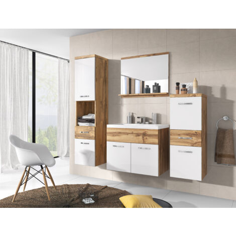 Bratex – Ensemble de meubles de salle de bain – Lavabo inclus – Plateau stratifié 28mm – Corps en stratifié 15mm – Façades POLYGLOSS – Couleur blanc/wotan
