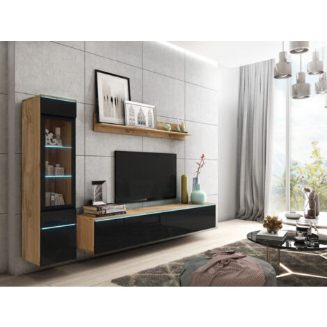 Bratex – Ensemble de meubles de salon wotan/noir brillant – Éclairage LED inclus – Vitrine 130x30x33cm, meuble TV 180x30x33cm, étagère 140x18x12cm