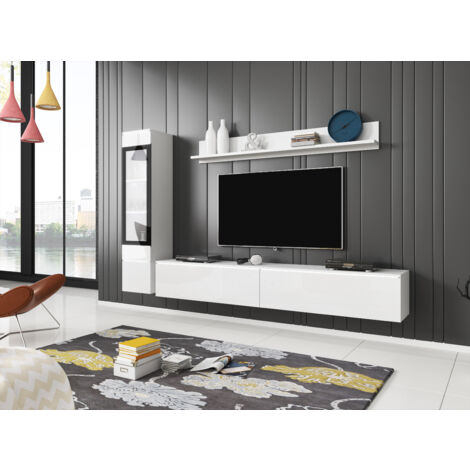 Bratex – Ensemble de meubles de salon VERA I – Éclairage LED inclus – Vitrine 130cm, meuble TV 180cm, étagère 140cm – Blanc brillant