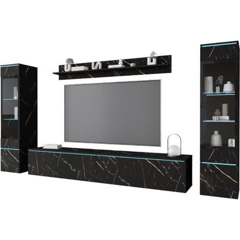 Ensemble de meubles de salon VERA II – 2 vitrines 130cm, meuble TV 180cm, étagère 140cm – Panneau laminé 15mm, verre trempé