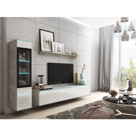 Bratex – Ensemble de meubles de salon VERA I – Vitrine 130 cm, meuble TV 180 cm, étagère 140 cm – Panneau laminé, verre trempé, éclairage LED