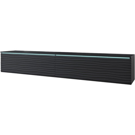 Meuble TV lowboard 180 cm – Panneau stratifié 15 mm – Résistant à l'eau – Design suspendu noir ondulé – Dimensions fonctionnelles 180x30x33 cm