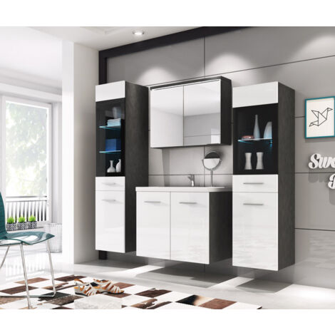 Ensemble de meubles de salle de bain MADRID II, ensemble de meubles avec lavabo inclus, éclairage LED, couleur matera/blanc brillant