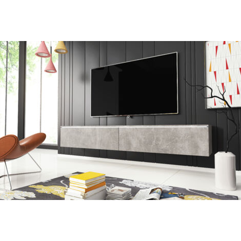 Bratex – Meuble TV lowboard 180 cm – Panneau stratifié 15 mm – Éclairage LED inclus – Finition béton – Montage mural ou au sol