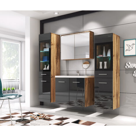 Bratex – Ensemble de meubles de salle de bain suspendus avec lavabo et éclairage LED – Panneaux stratifiés résistants aux rayures – Couleur wotan/noir brillant