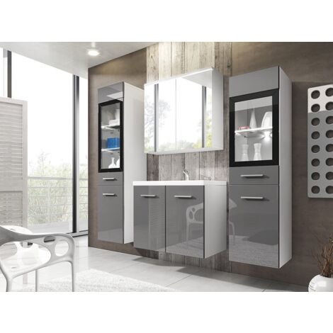 Ensemble de meubles de salle de bain MADRID II, ensemble de meubles avec lavabo inclus, sans éclairage LED, couleur blanc/gris brillant