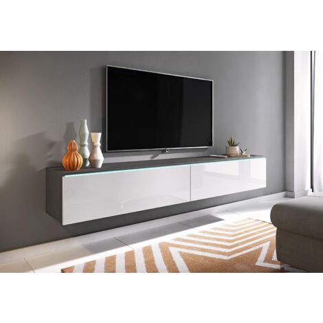 Meuble TV Lowboard 180 cm – Panneau stratifié 15 mm – Finition A.B.S résistante – Suspendu ou au sol – Coloris matera/blanc brillant (1/4)