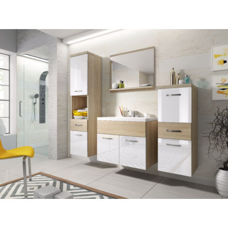 Bratex – Ensemble de meubles de salle de bain avec lavabo – Plateau stratifié 28mm – Corps en stratifié 15mm – Façades POLYGLOSS 15mm – Poignées métal