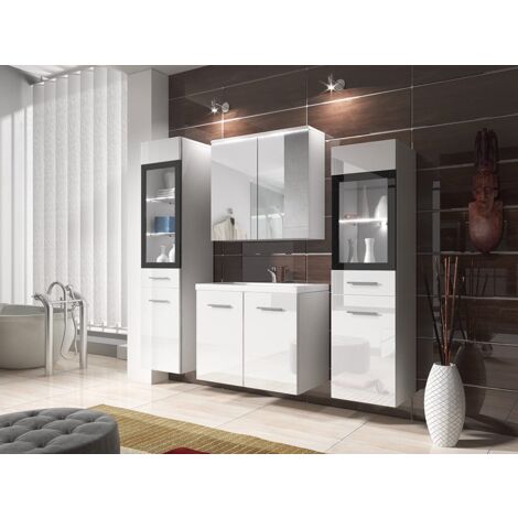 Bratex – Ensemble de meubles de salle de bain suspendus avec lavabo et éclairage LED – Panneaux stratifiés résistants – Couleur blanc brillant