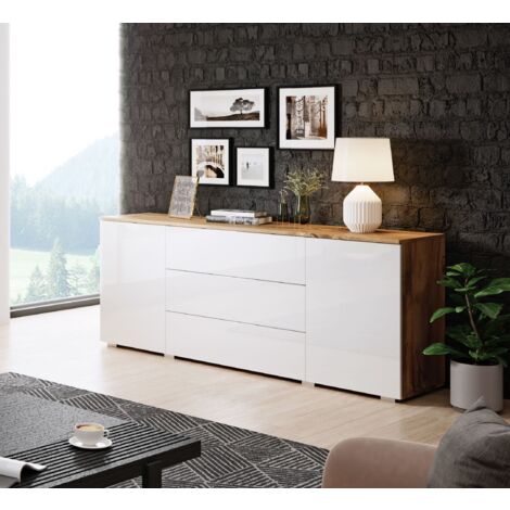 Bratex – Commode 150 cm moderne à tiroirs – Panneau laminé 15 mm – Finitions ABS – Glissières télescopiques pour usage pratique – Blanc brillant