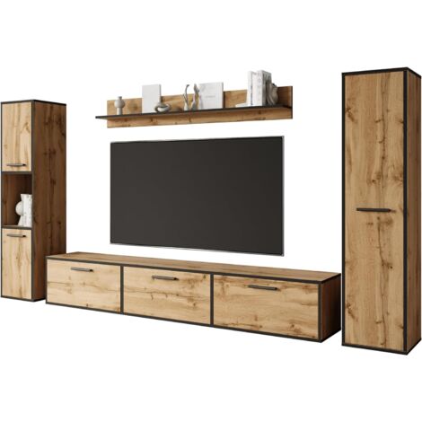 Ensemble de meubles de salon wotan/bord noir – Meuble TV et vitrines – Panneau laminé 15mm – Chants ABS pour durabilité