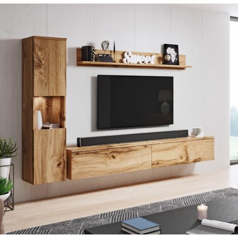 Bratex – Ensemble de meubles de salon Paris – Vitrine, meuble TV, étagère – Panneau laminé 15mm – Éclairage LED en option – Verre trempé résistant
